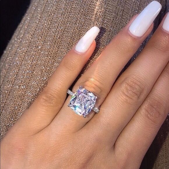 NEW! 18K White Gold Plated 5 Carat Cushion-Cut Solitaire Diamond Engagement Ring - Picture 1 of 9